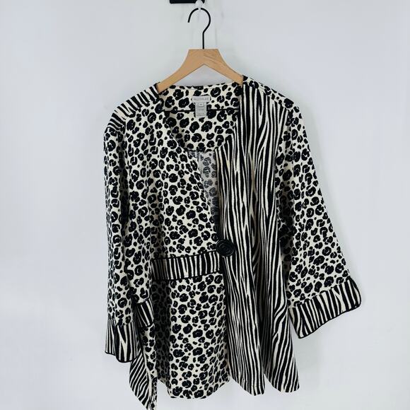 Multiples Jacket 2X Black White Animal Print Mixed Zebra Leopard Open Front - Picture 1 of 9